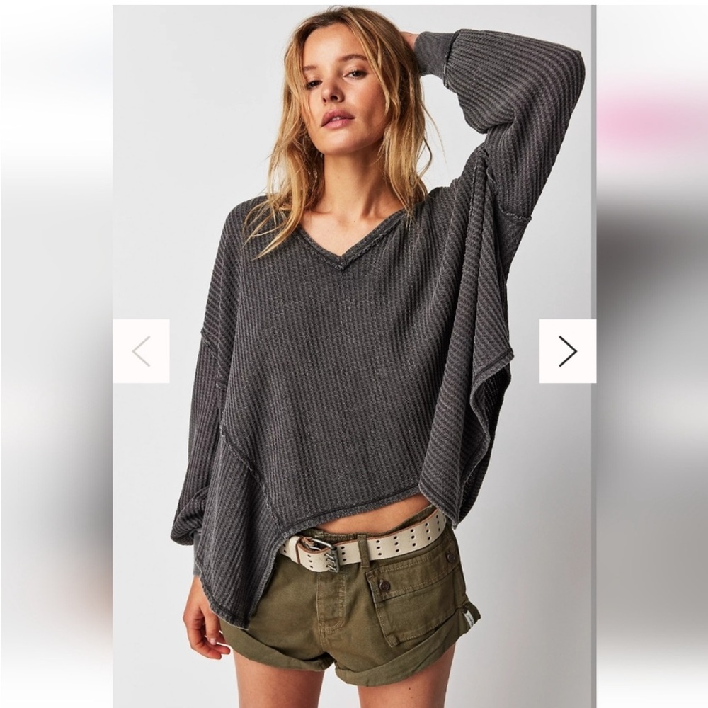 We The Free People Caroline Thermal Gray Medium Oversized Long‎ Sleeve Cozy